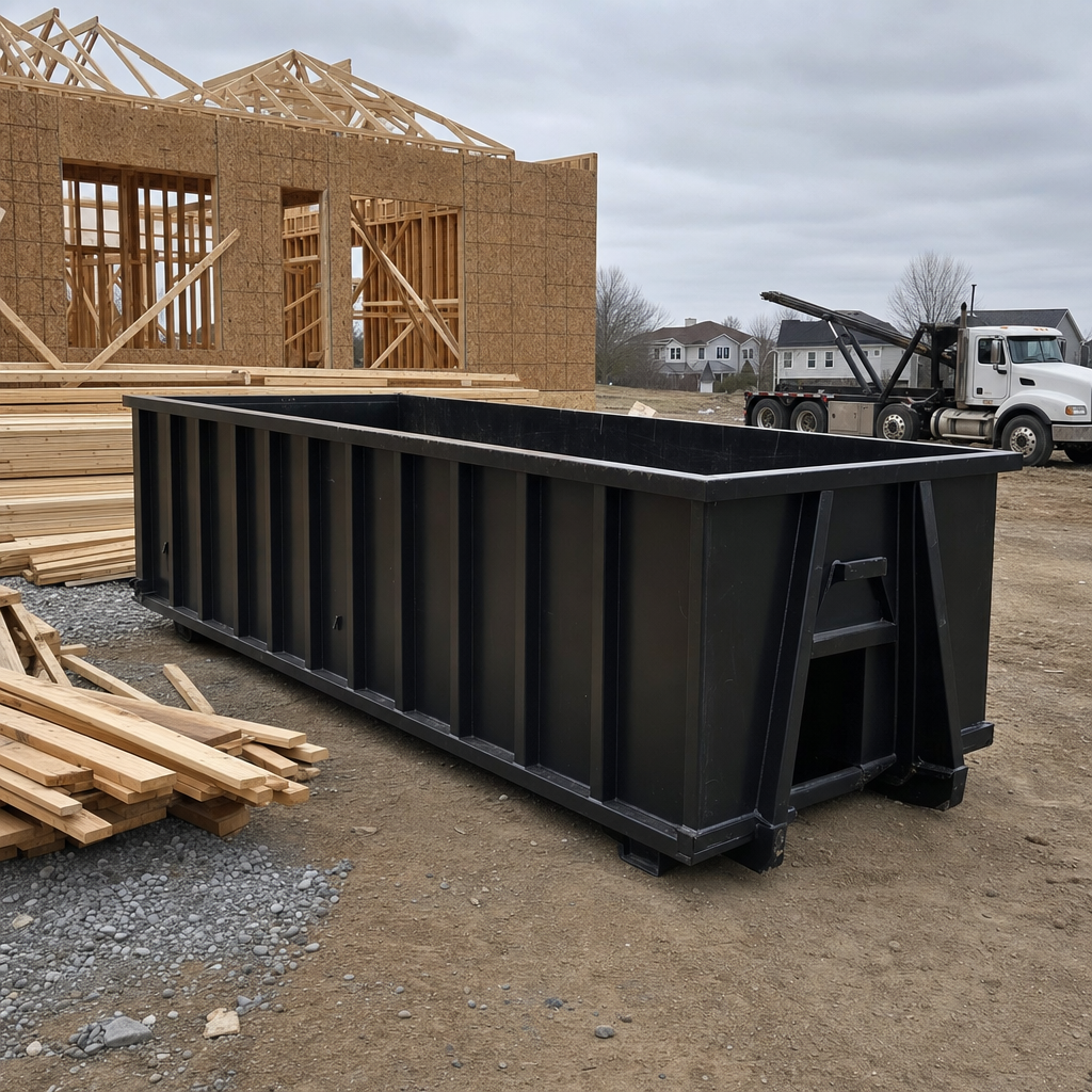 Matte-black 40-yard roll-off dumpster staged on a framed-out residential construction site in New Britain, framing lumber stacked nearby, hooklift delivery truck visible in the background under bright Colorado daylight