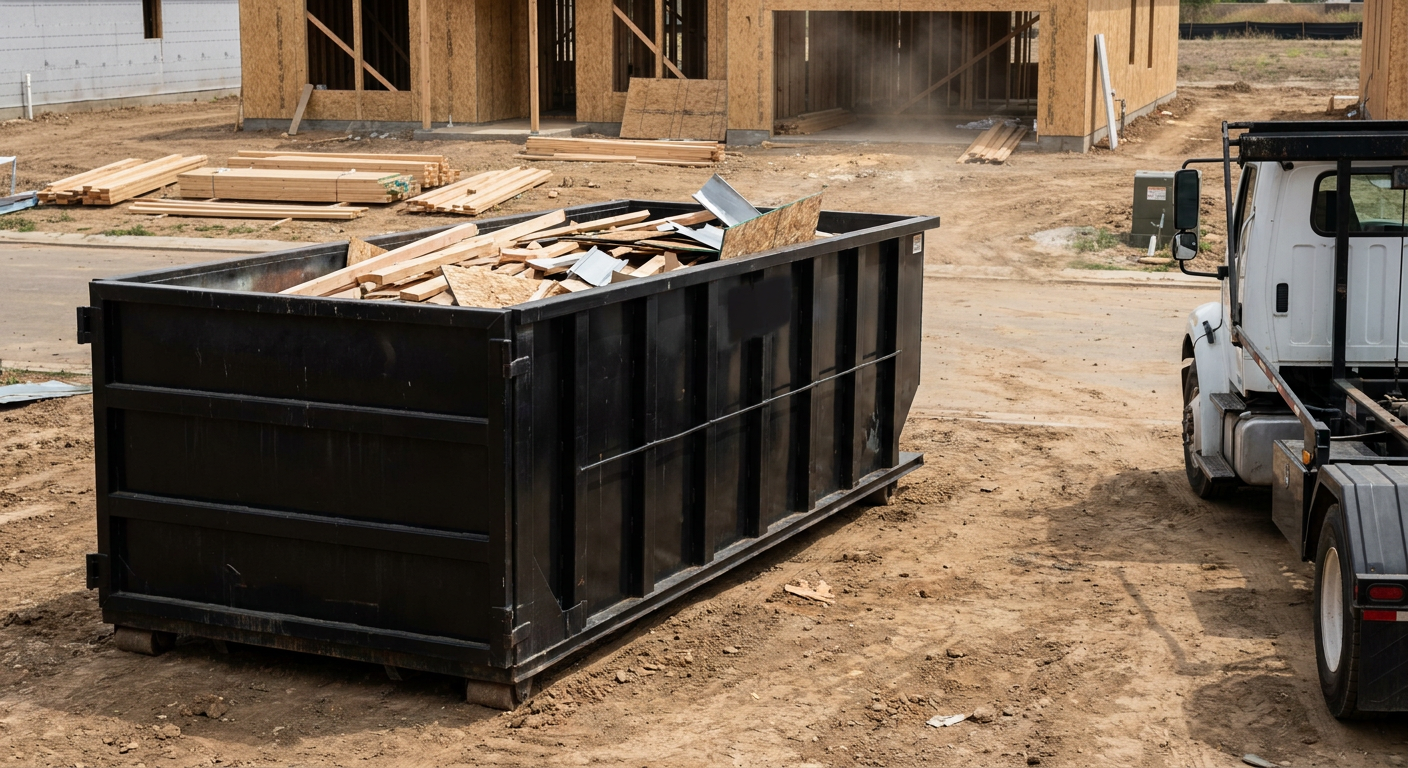 Matte-black 20-yard roll-off construction dumpster with heavy ribbed steel sidewalls and swing rear doors at a working jobsite in New Britain, sitting directly on compacted dirt with an unmarked white hauler partially visible at the far edge of the frame.