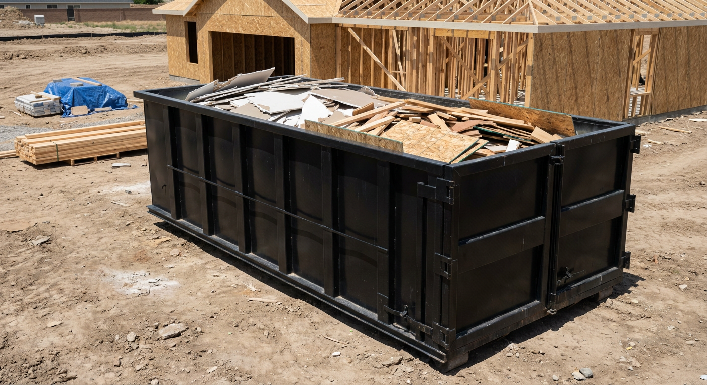 Matte-black 30-yard roll-off construction dumpster sitting directly on the compacted-dirt site of a framed single-family home build in New Britain, drywall and lumber scrap loaded inside.
