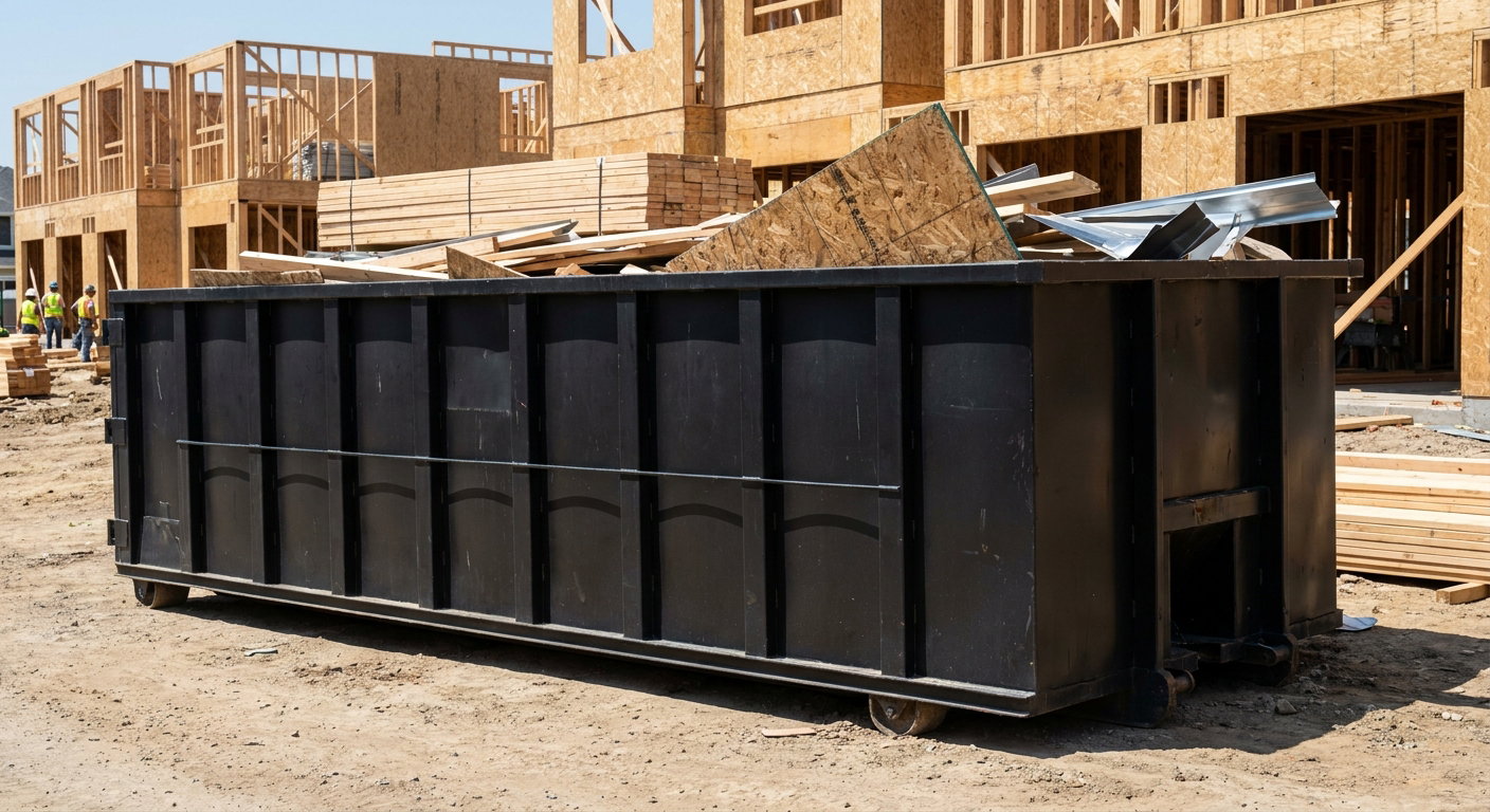 Matte-black 40-yard roll-off construction dumpster being lowered from a white-cab hooklift delivery truck onto the compacted-dirt jobsite at a commercial build site in New Britain