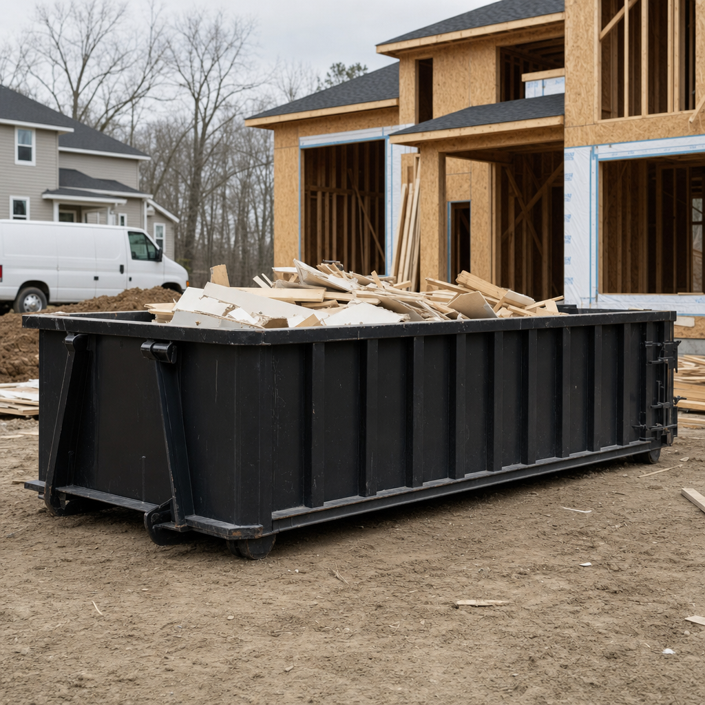 Worker in a yellow high-visibility vest tossing framing lumber and broken drywall into a matte-black 30-yard construction roll-off dumpster on an active build site in New Britain, bright daylight