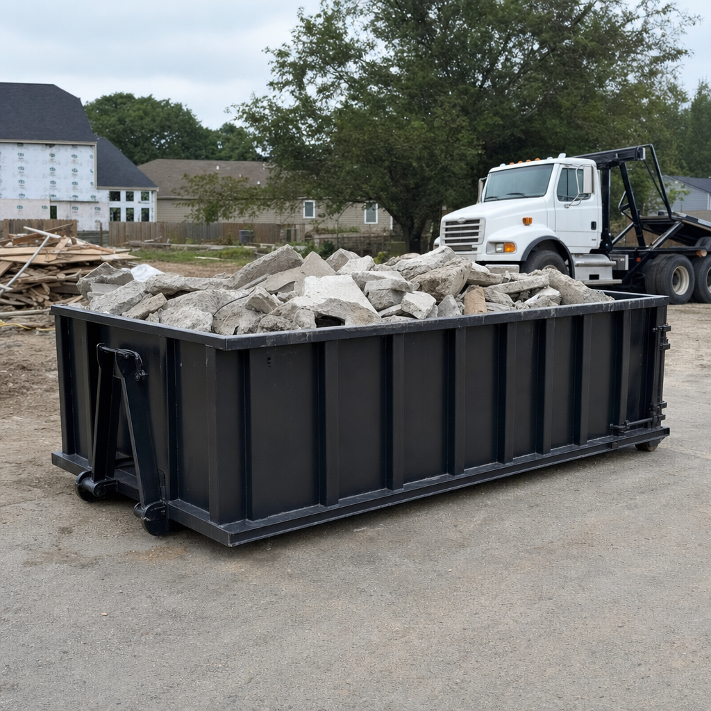Low-profile matte-black lowboy roll-off dumpster loaded with broken concrete slab and rebar at a foundation tear-out in New Britain, skid steer parked beside it, sunny Colorado morning
