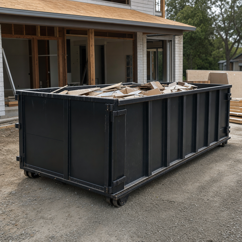 Large matte-black 30-yard construction roll-off dumpster at an active New Britain jobsite, steel-gray top rails and bottom rollers visible, loaded with construction debris.