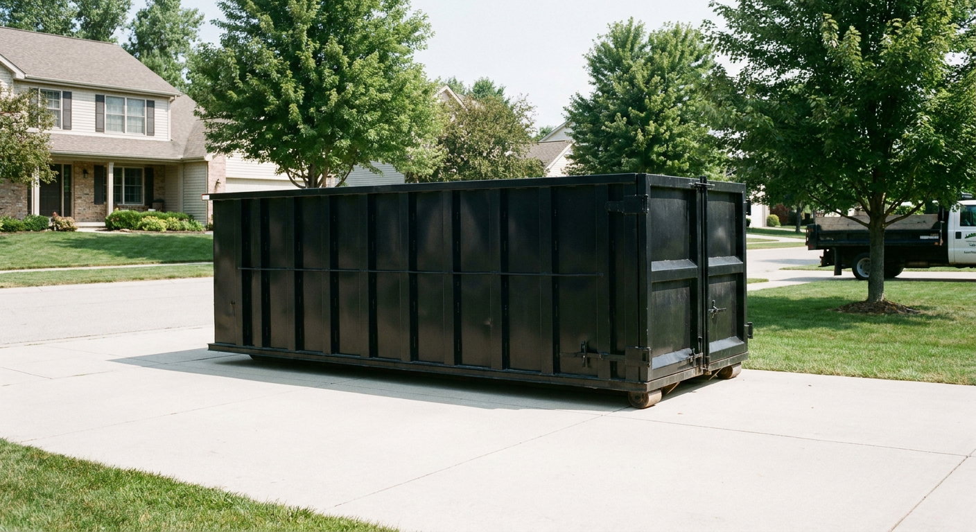 Matte-black 20-yard roll-off dumpster sitting level on a clean New Britain residential concrete driveway under bright daylight, demonstrating clean placement directly on the concrete.