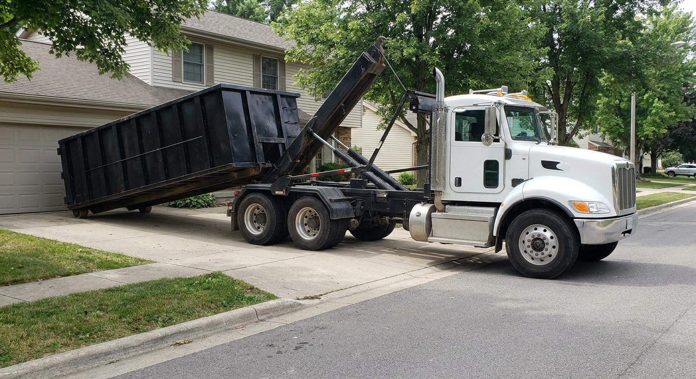 White-cab hooklift roll-off truck actively lowering a matte-black dumpster onto a New Britain residential concrete driveway, the dumpster's rear wheels touching the driveway as the hoist arm tilts the bed forward, mid-morning daylight.