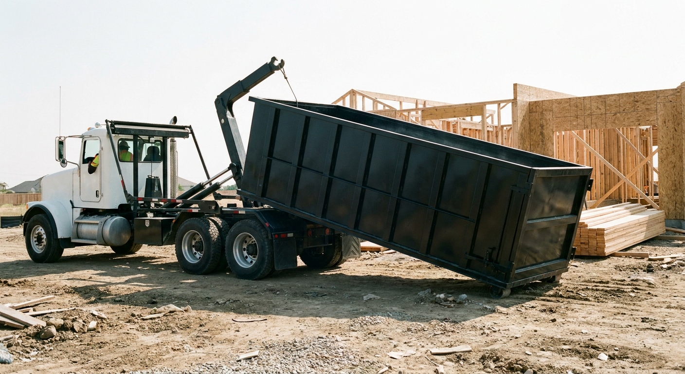 Matte-black roll-off dumpster being delivered onto a clean residential concrete driveway in New Britain by an unmarked white hooklift hauler truck, bright morning daylight, documentary 35mm perspective.