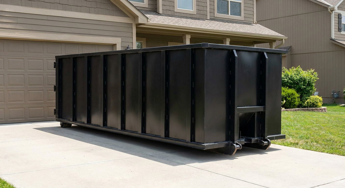 Matte-black residential roll-off dumpster sitting directly on a suburban New Britain concrete driveway, garage door closed, single-family home in background, bright morning daylight.