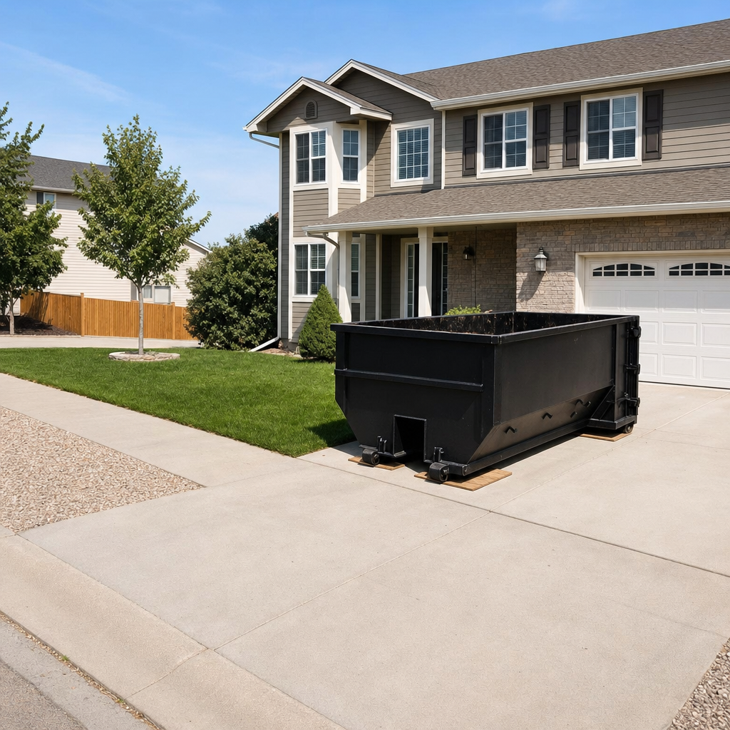 10-yard matte-black residential dumpster placed directly on a narrow New Britain concrete driveway, room remains for a parked sedan beside it, mid-morning natural light