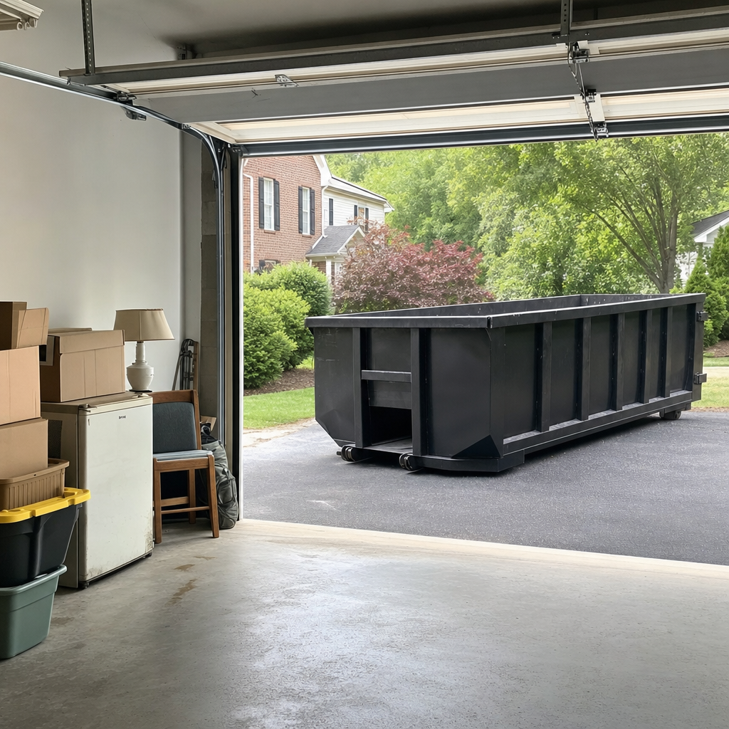 Open garage interior in a New Britain home mid-cleanout — boxed items, an old appliance, and stacked yard tools queued near the driveway for a matte-black roll-off dumpster, organized and calm
