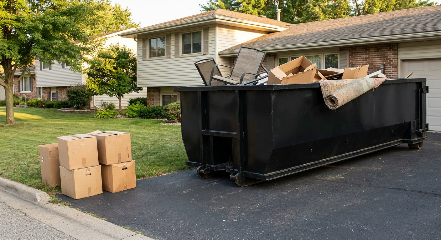 Front-yard view of a New Britain split-level home with a 20-yard matte-black roll-off dumpster sitting directly on the asphalt driveway, a few clearly labeled donation boxes staged at the curb, calm sunny afternoon.