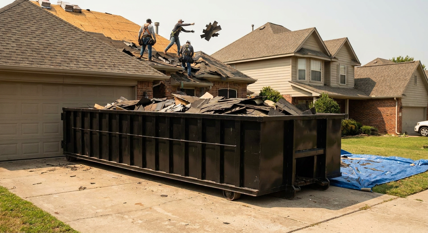 Matte-black roofing roll-off dumpster placed directly on a New Britain residential concrete driveway, a tear-off crew on a two-story asphalt-shingle roof tossing shingle bundles into the low-walled container, bright daylight, documentary 35mm perspective.