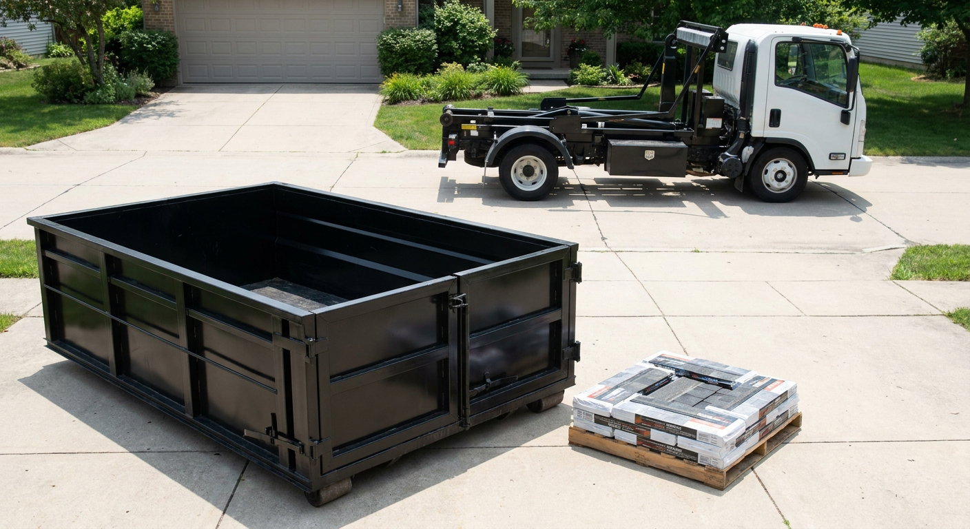 Matte-black 15-yard roofing roll-off dumpster with reinforced low side walls sitting directly on a New Britain residential concrete driveway, three-tab asphalt shingle bundles stacked nearby, an unmarked white hauler truck partially visible at the edge of the frame.