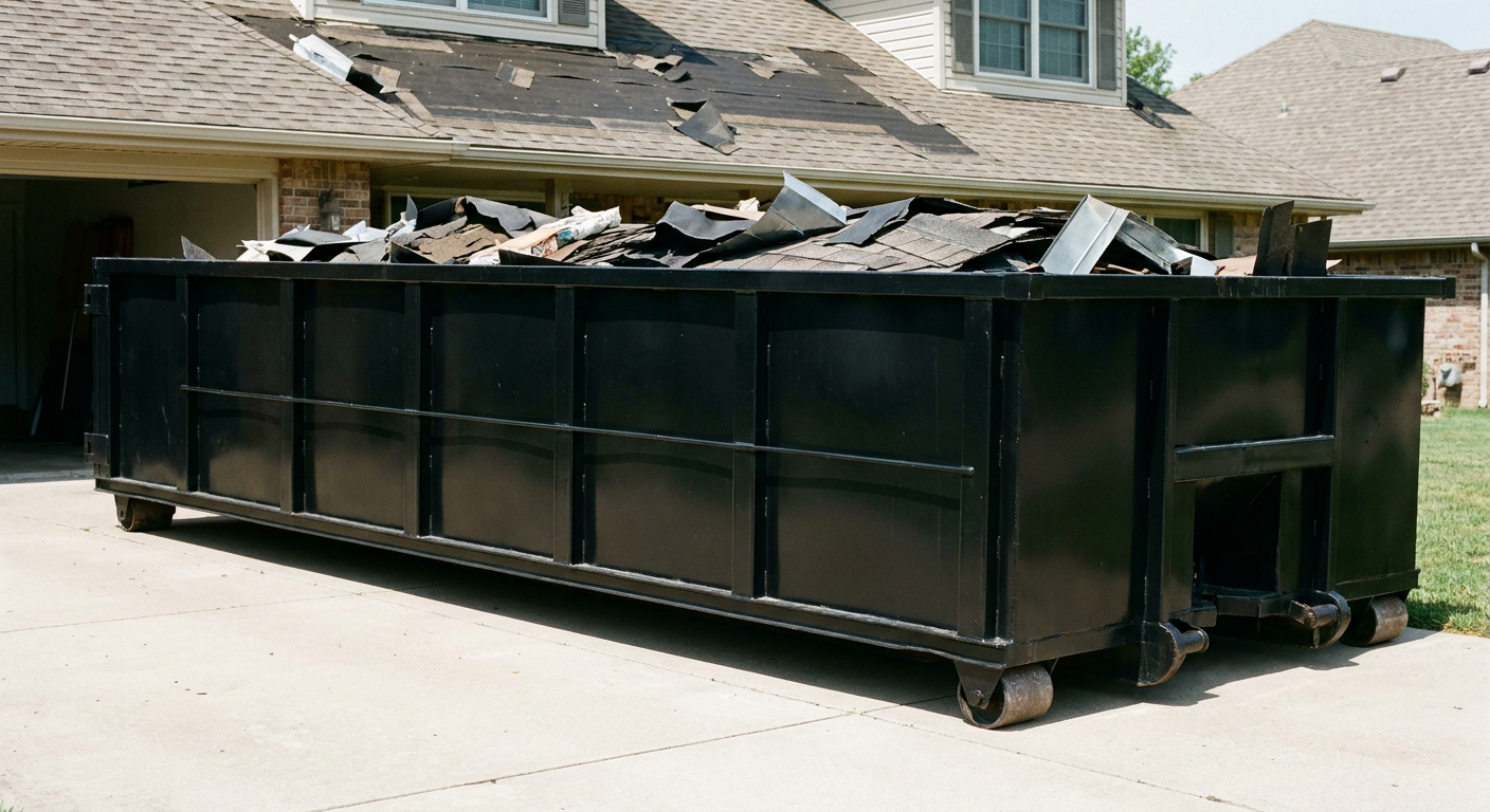 Matte-black 20-yard roofing roll-off dumpster with steel ribbed sides and swinging rear door, sitting directly on the concrete driveway of a two-story New Britain home, asphalt shingle debris being loaded over the low wall, clean documentary lighting.