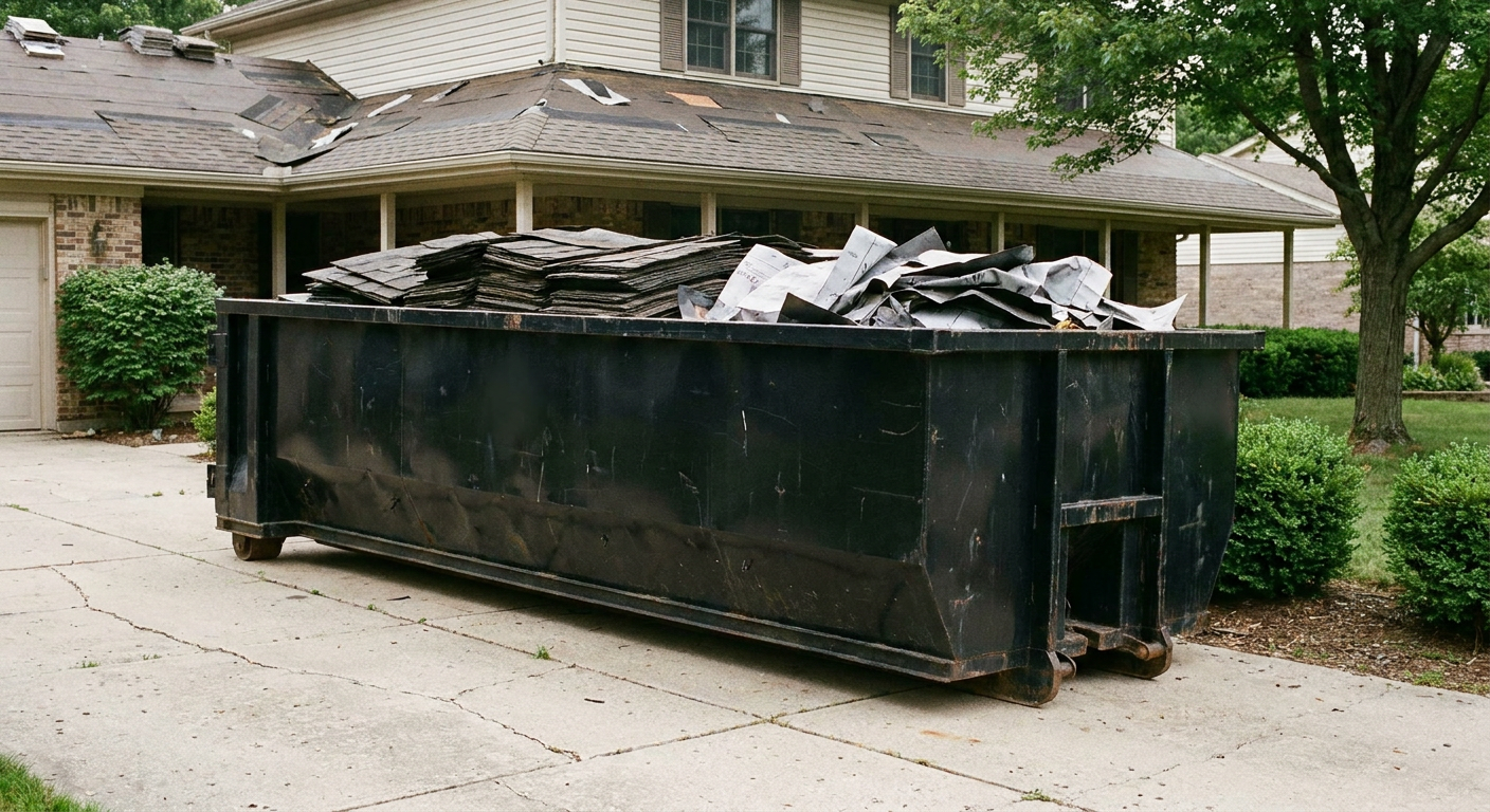 Matte-black 30-yard roofing roll-off dumpster sitting directly on a New Britain concrete driveway, taller ribbed steel side panels, mixed tear-off debris of asphalt shingles and underlayment inside, professional documentary daylight.