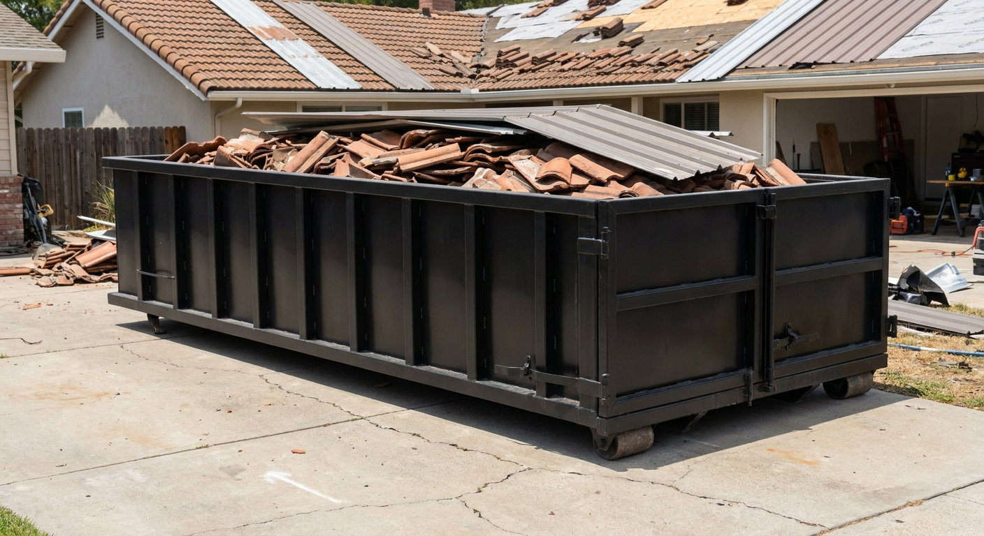 Matte-black low-wall heavy-debris roofing roll-off dumpster sitting directly on a New Britain concrete driveway, broken concrete clay roof tiles and metal panel sections loaded inside, reinforced ribbed steel side walls visible, bright outdoor daylight.