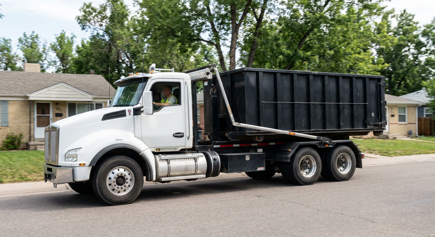 A wide documentary shot of a matte-black roll-off delivery truck pulling onto a quiet New Britain residential street at mid-morning, with neighborhood rooftops and tree-lined blocks visible behind, showing the metro coverage footprint.