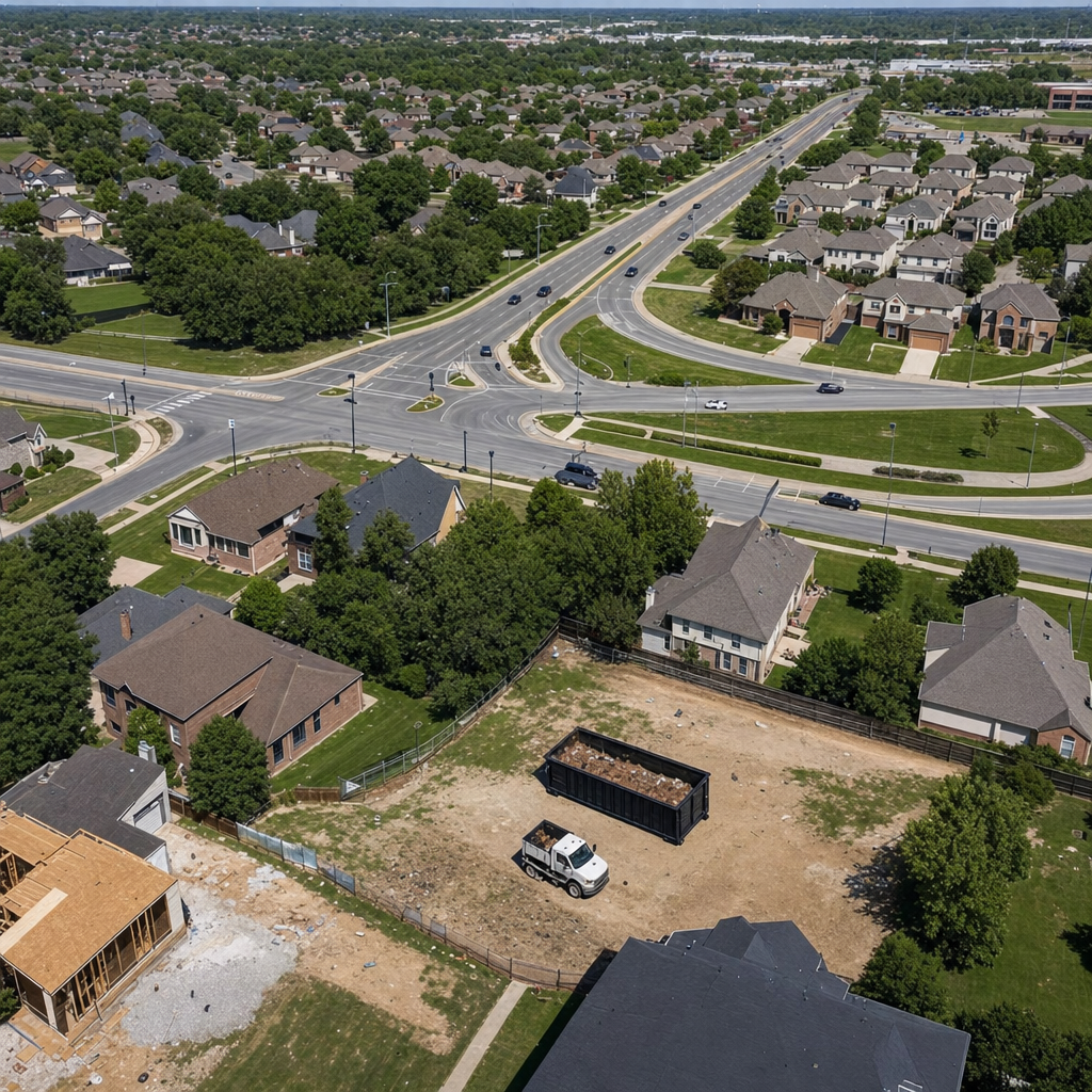 An overhead documentary view of the New Britain metro area at midday, showing the spread of neighborhoods, arterial roads, and the dispatch radius from a central yard — clean daylight, organized geographic layout.