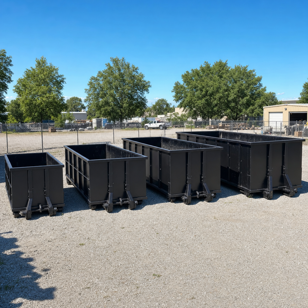 A clean lineup of matte-black roll-off dumpsters in 10, 20, 30, and 40-yard sizes staged on a sunlit gravel yard in New Britain, showing the size progression from compact to commercial-scale containers.