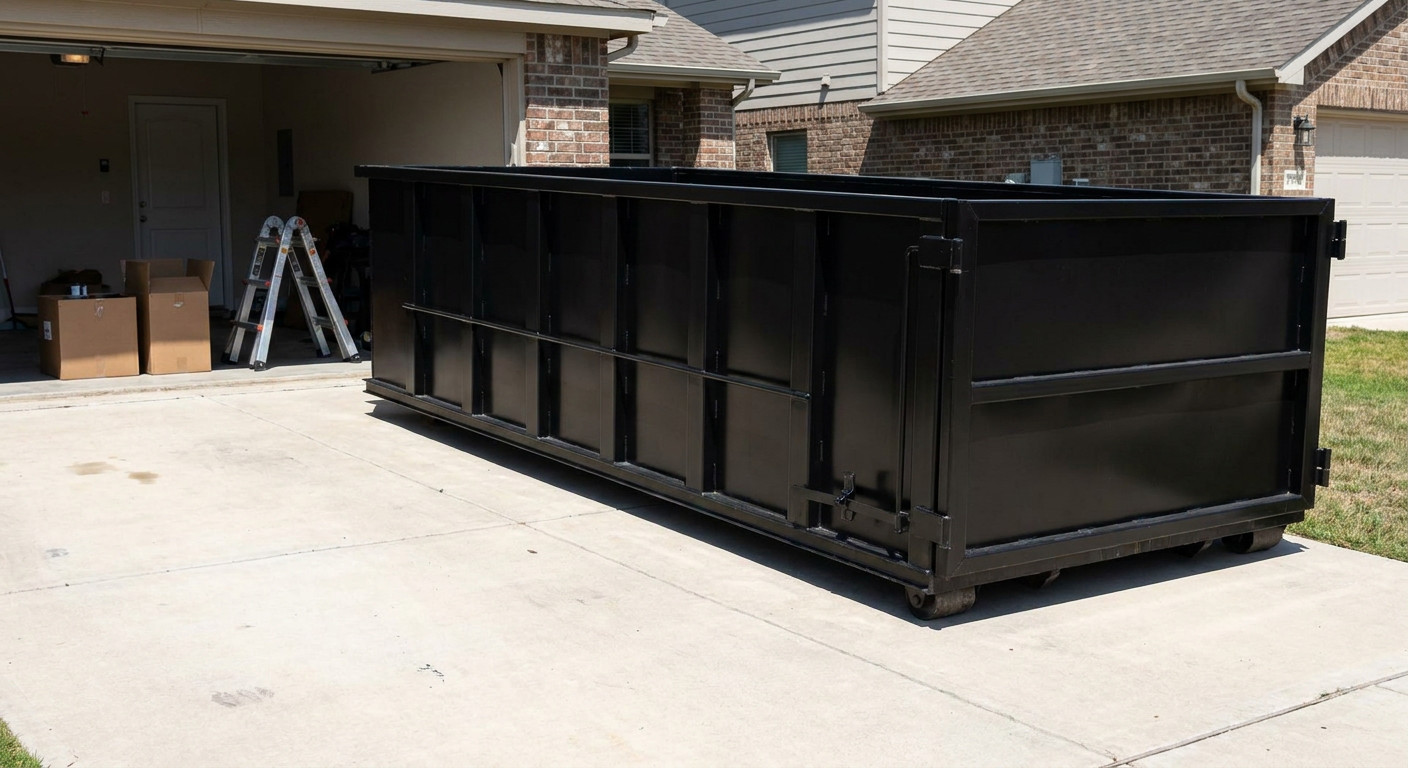 A matte-black 10-yard roll-off dumpster sitting directly on a residential New Britain concrete driveway, mid-day sunlight, clean and ready for a garage cleanout.