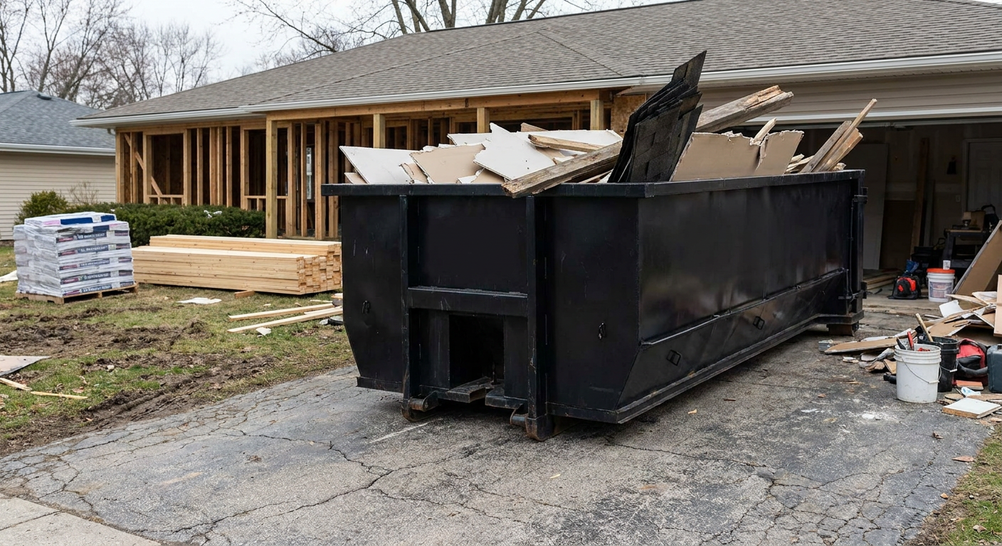A matte-black 20-yard roll-off dumpster placed alongside a mid-renovation New Britain home directly on the asphalt driveway, with framing materials and torn-off shingles staged neatly nearby.