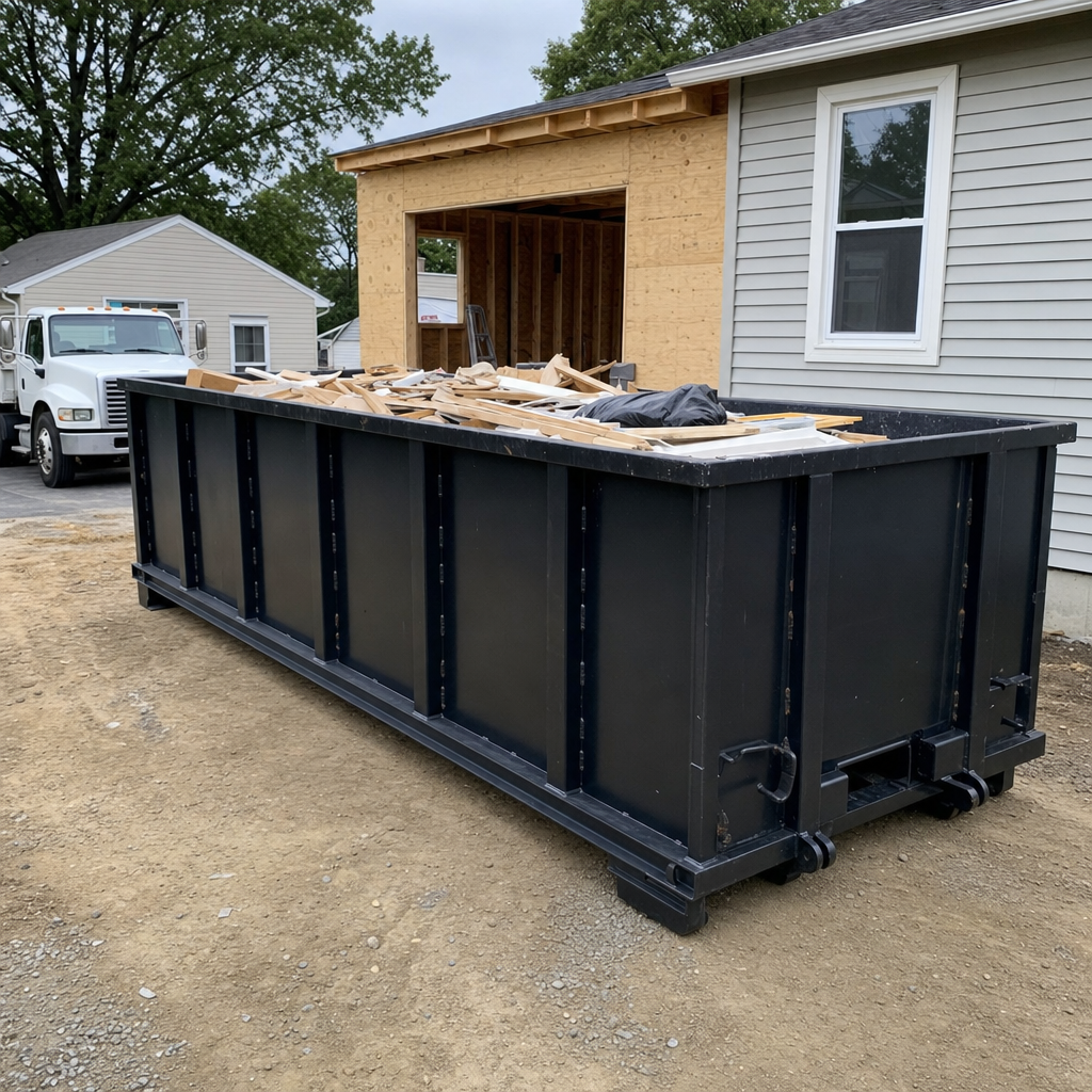 A matte-black 30-yard roll-off dumpster positioned at a New Britain residential addition jobsite, with framing lumber and drywall scraps loaded through the open swinging rear doors.