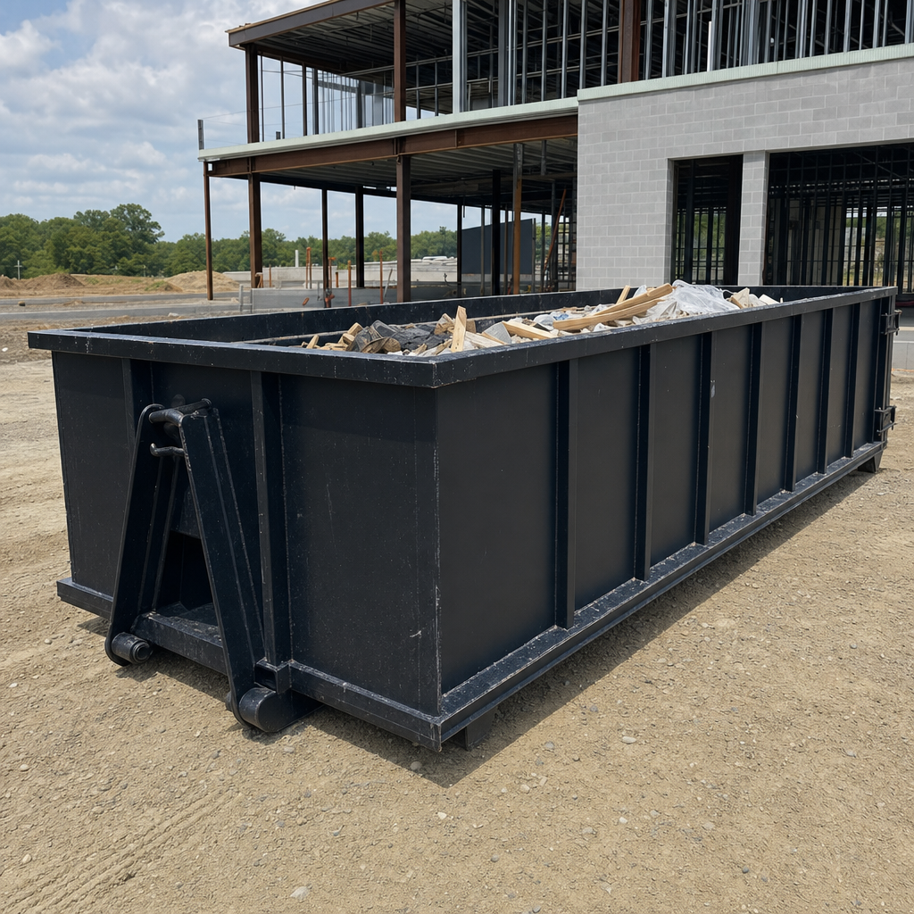 A matte-black 40-yard roll-off dumpster staged on a large New Britain commercial construction lot, with a hooklift delivery truck parked alongside under bright midday sky.