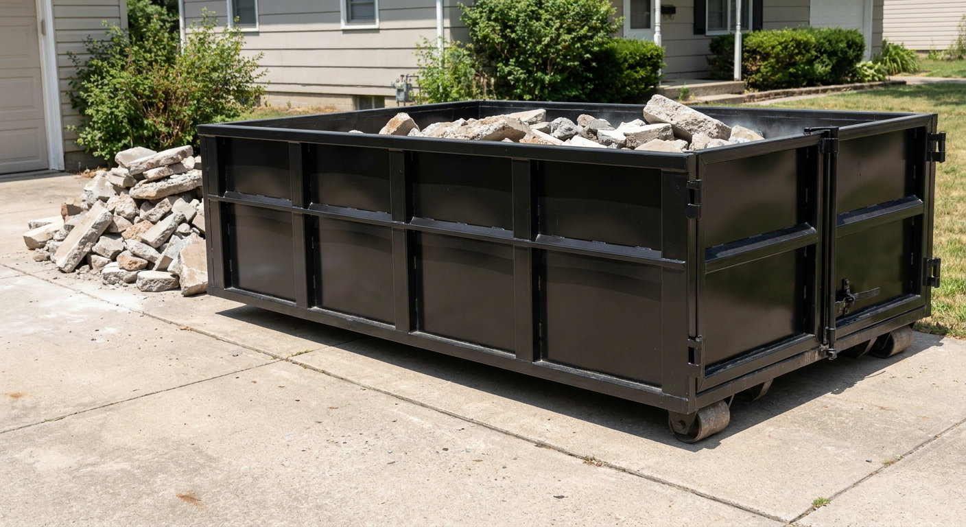 A matte-black low-side heavy-debris roll-off dumpster placed directly on a New Britain concrete driveway, with broken concrete chunks neatly stacked beside it under clean daylight.
